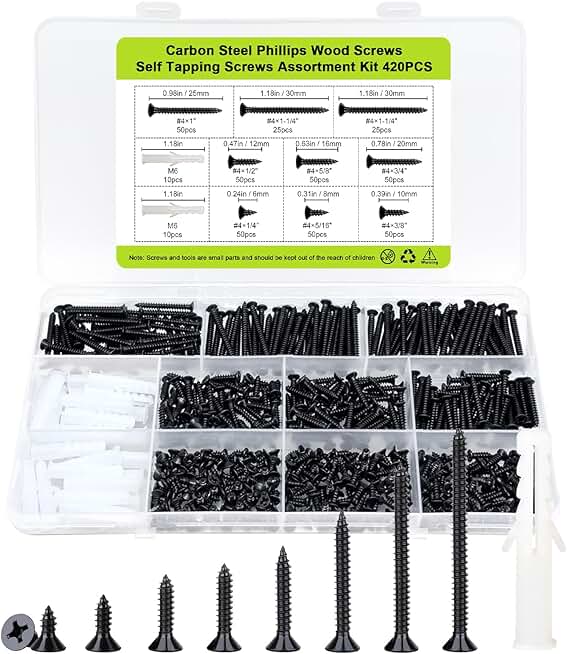 #4 Flat Head Small Wood Screws Assortment kit 420Pcs, Black Phillips Short Screw, Carbon Steel, Cabinet Hinge Mounting, Electronics DIY Micro Screws Fasteners Set, Contains 20pcs M6 Screw Anchors